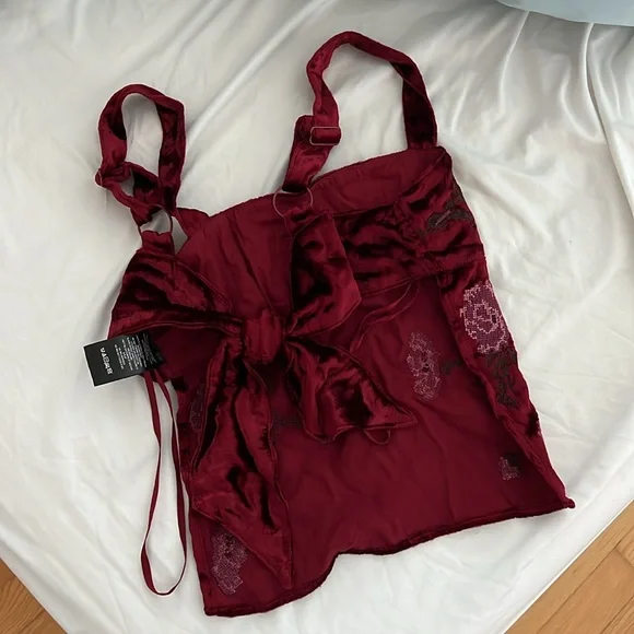 UO Red velvet open back tie top - Jana Velvet Embroidered Top - Picture 2 of 3